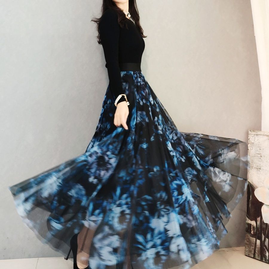 社交 ダンス ドレス 花柄プリント長袖フレアスカート社交ダンスドレス