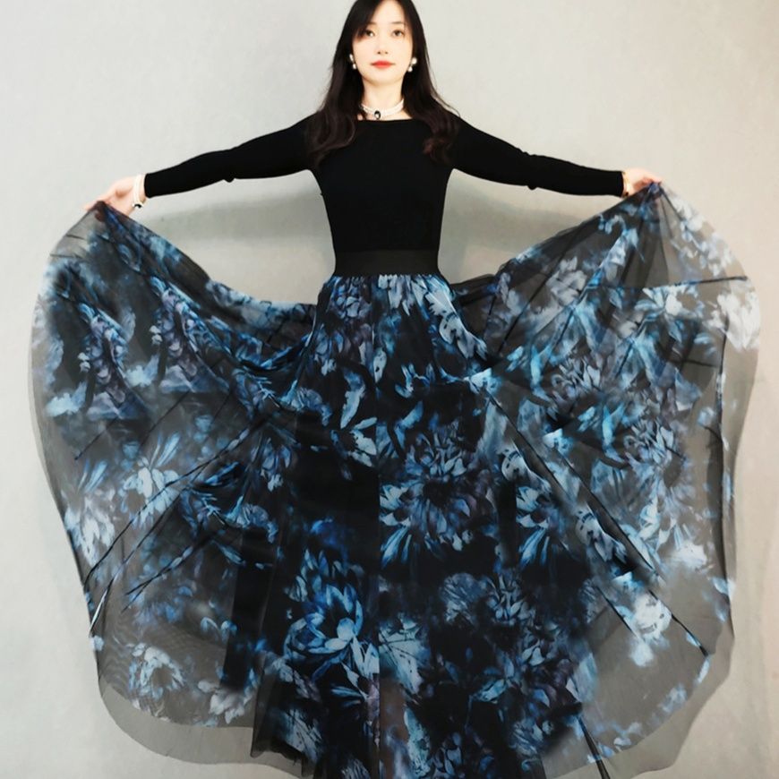 社交 ダンス ドレス 花柄プリント長袖フレアスカート社交ダンスドレス