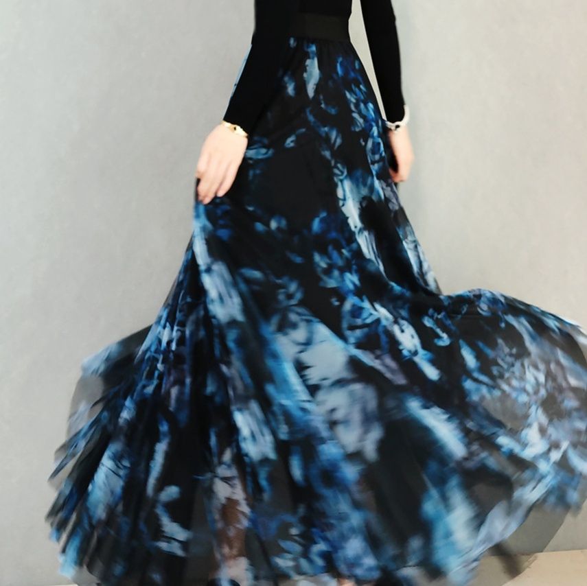 社交 ダンス ドレス 花柄プリント長袖フレアスカート社交ダンスドレス