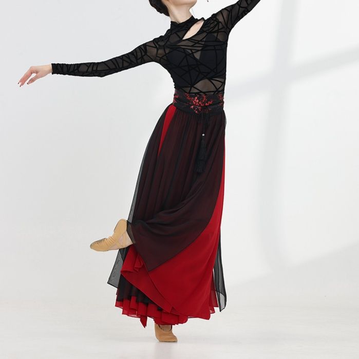 社交 ダンス ドレス 幾何学模様シースルートップ重ね着風ボリュームスカートドレス