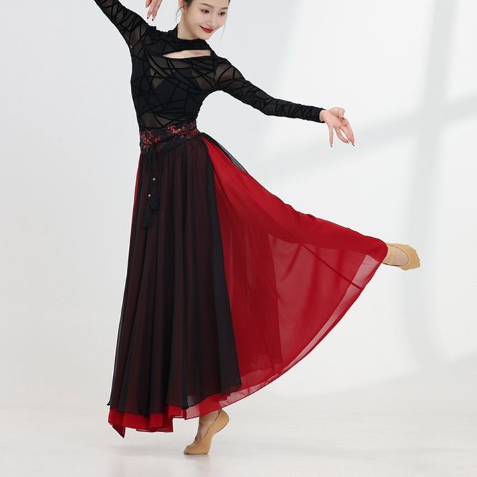 社交 ダンス ドレス 幾何学模様シースルートップ重ね着風ボリュームスカートドレス