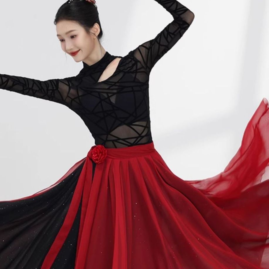 社交 ダンス ドレス 幾何学模様シースルートップ重ね着風ボリュームスカートドレス