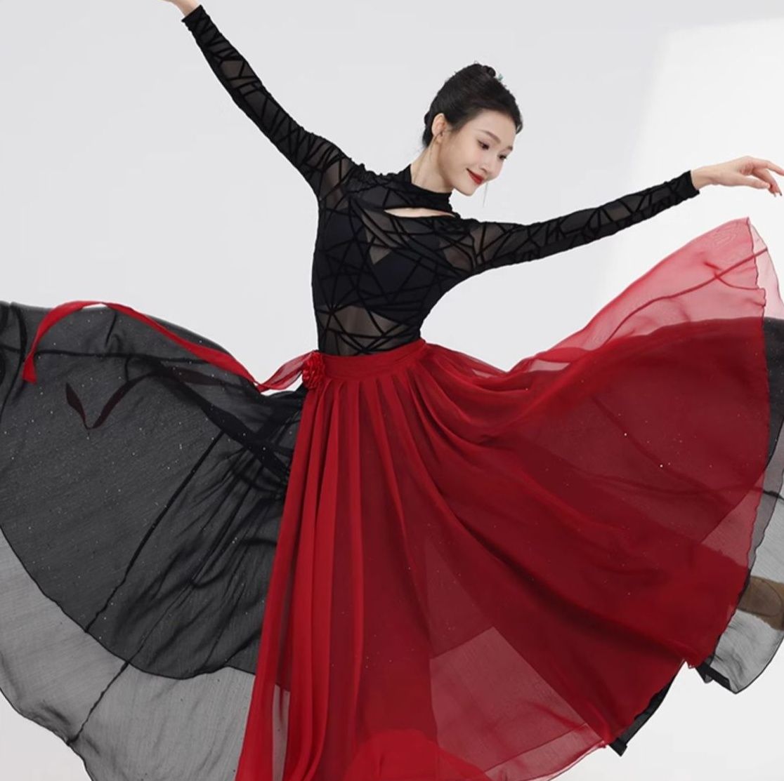 社交 ダンス ドレス 幾何学模様シースルートップ重ね着風ボリュームスカートドレス