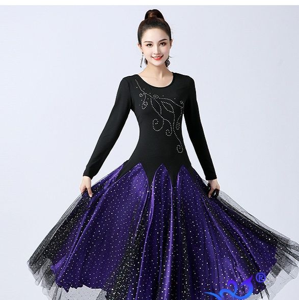 社交 ダンス ドレス 煌めきストーン装飾ボリュームフレアスカート社交ドレス