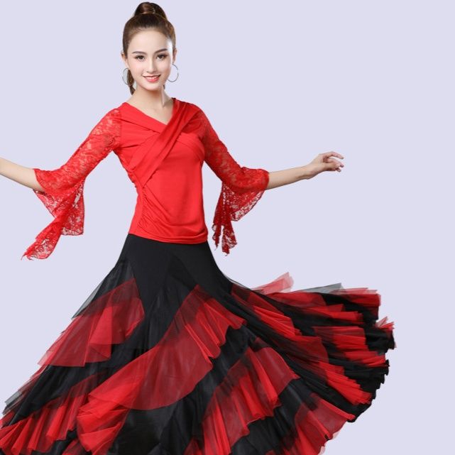 社交 ダンス ドレス レース袖フレア切替プリーツボリュームスカート練習着