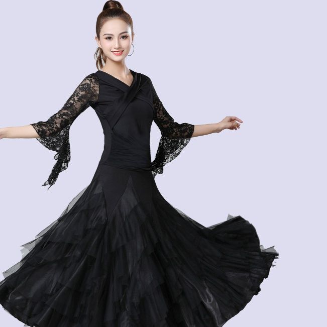 社交 ダンス ドレス レース袖フレア切替プリーツボリュームスカート練習着