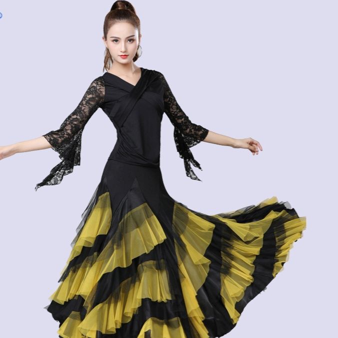 社交 ダンス ドレス レース袖フレア切替プリーツボリュームスカート練習着