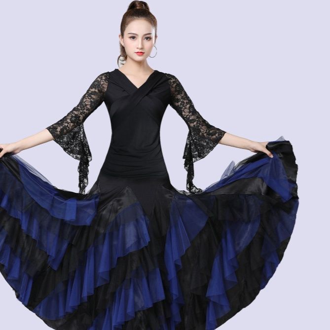 社交 ダンス ドレス レース袖フレア切替プリーツボリュームスカート練習着