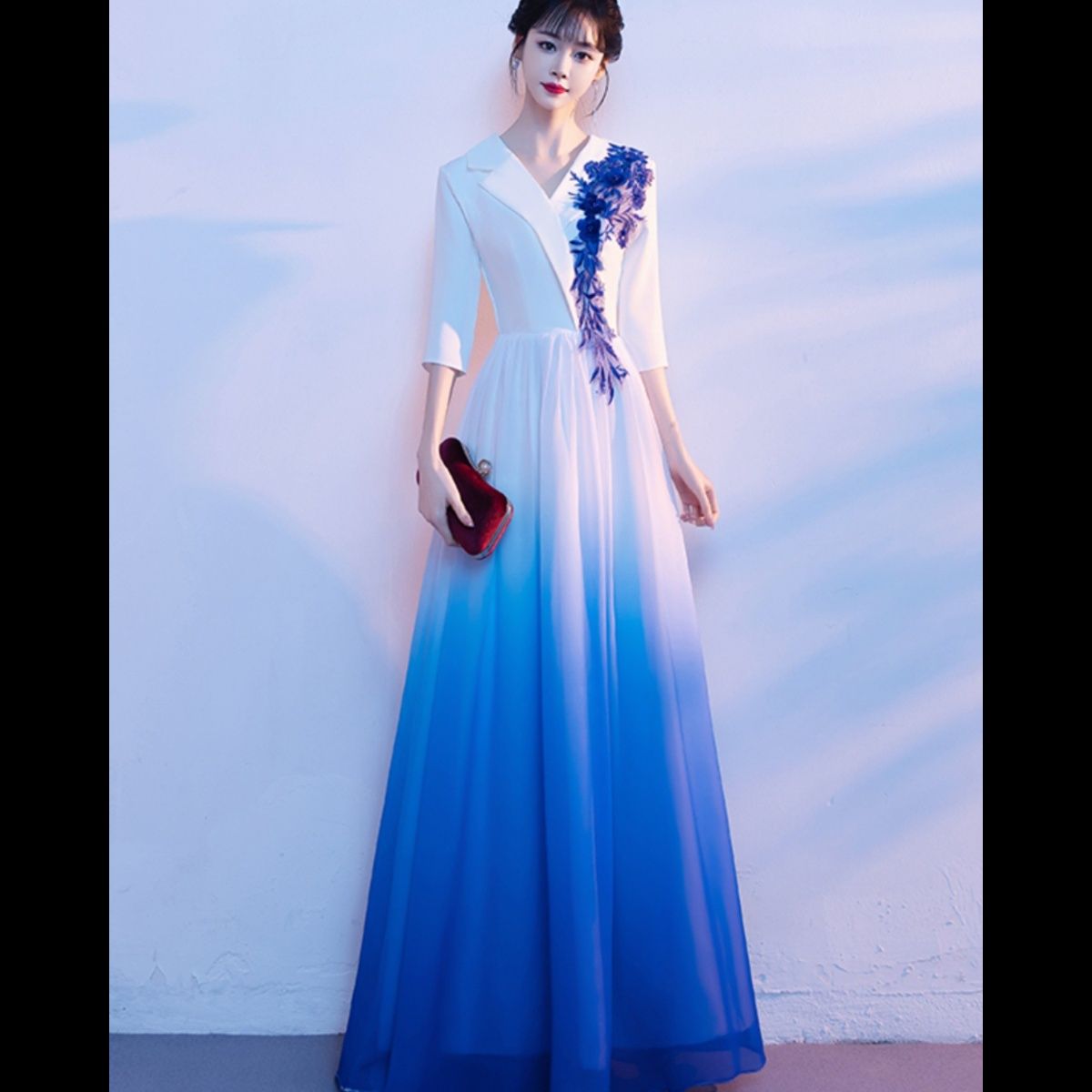 社交 ダンス ドレス 襟付き五分袖グラデーション刺繍装飾ロングドレス