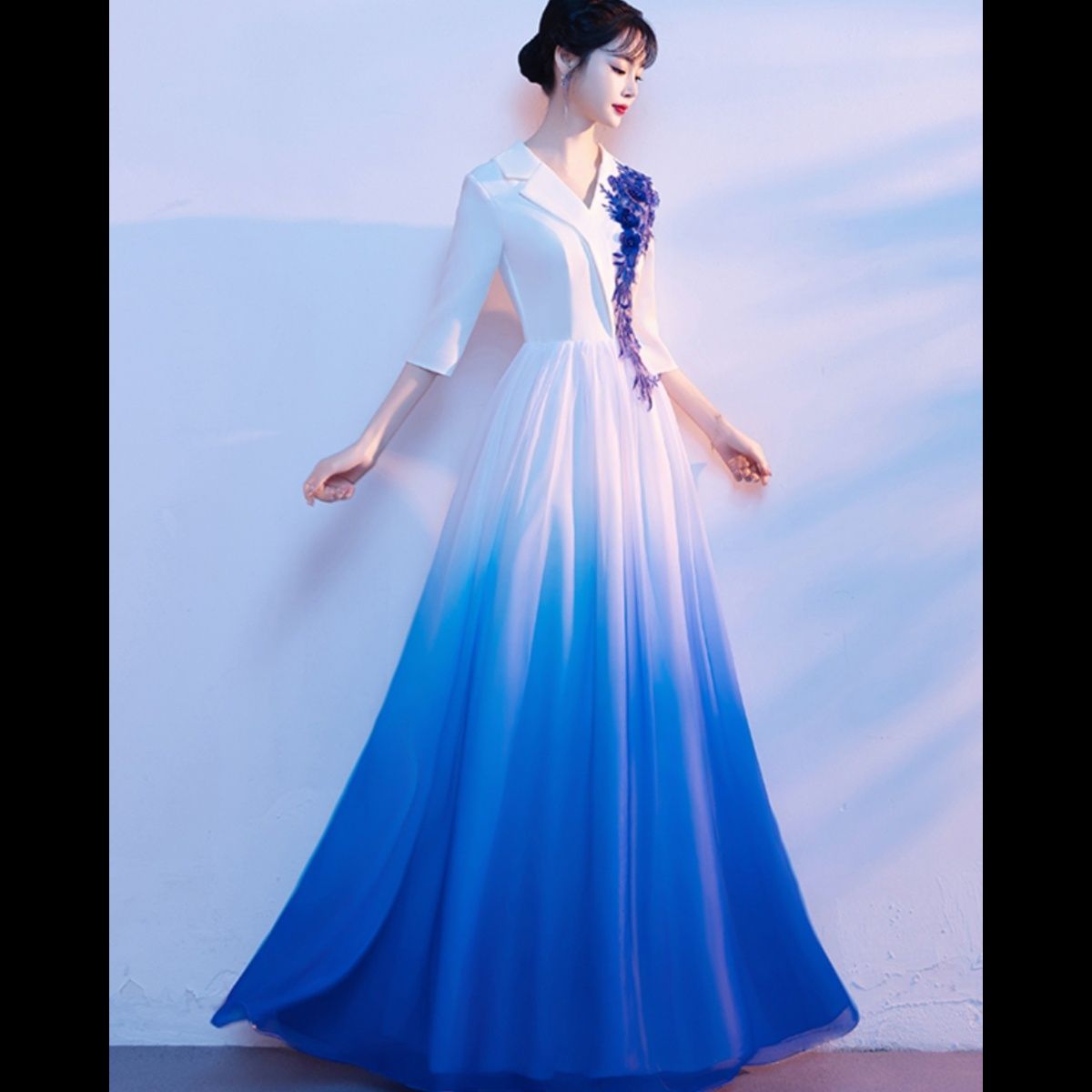 社交 ダンス ドレス 襟付き五分袖グラデーション刺繍装飾ロングドレス