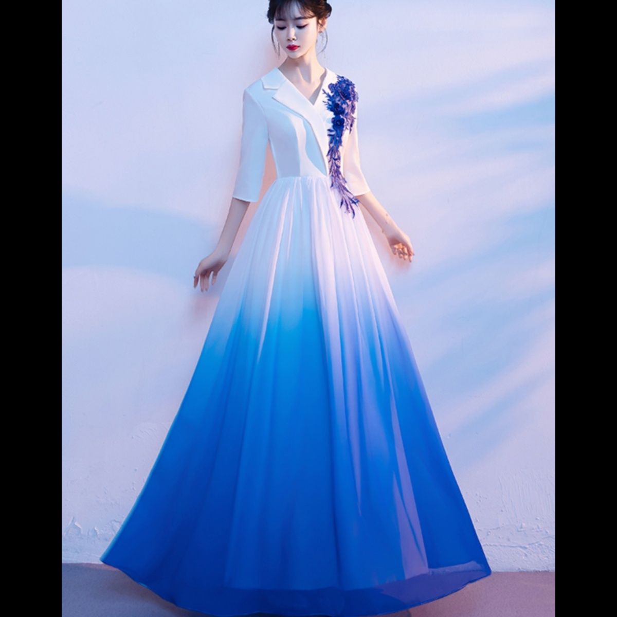 社交 ダンス ドレス 襟付き五分袖グラデーション刺繍装飾ロングドレス