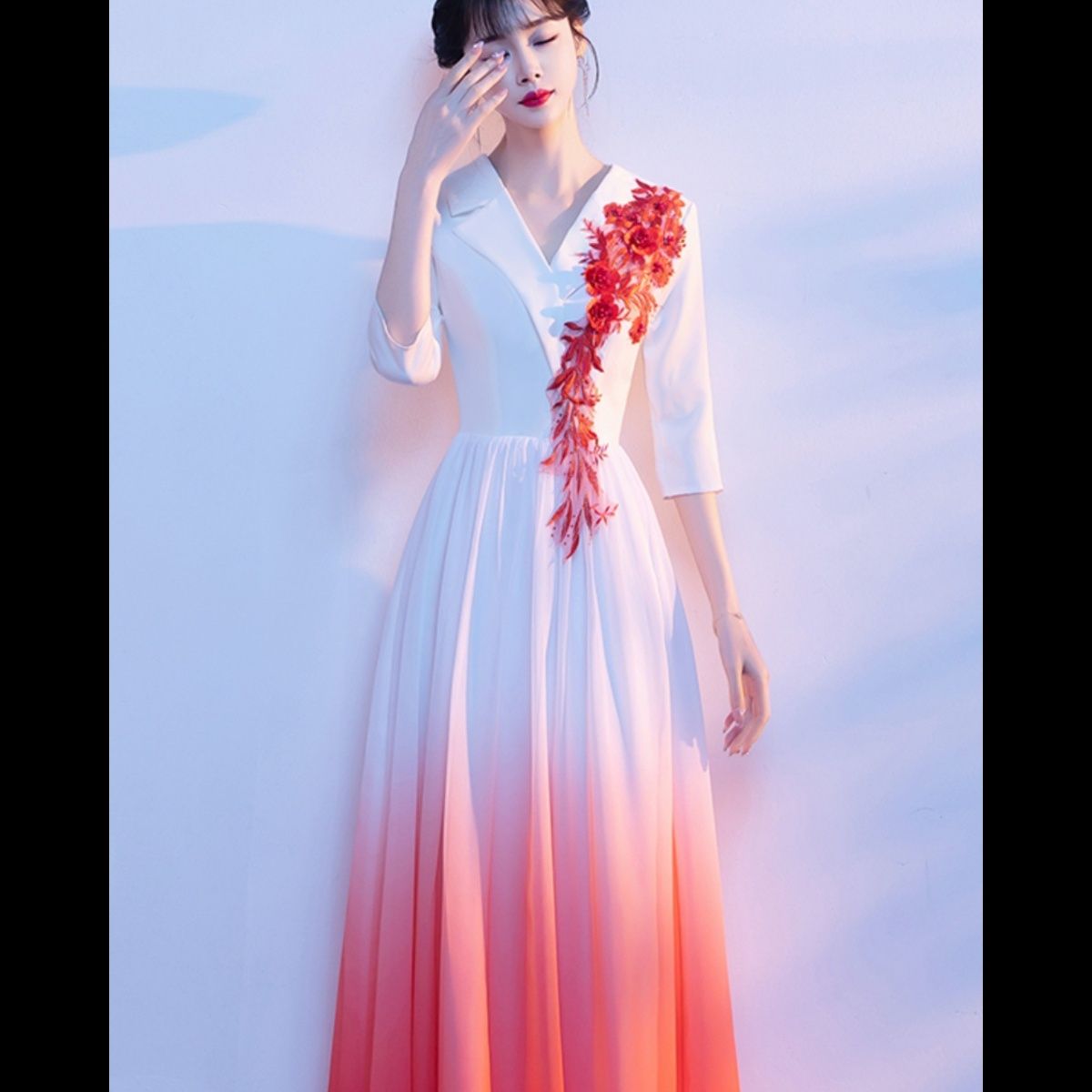 社交 ダンス ドレス 襟付き五分袖グラデーション刺繍装飾ロングドレス