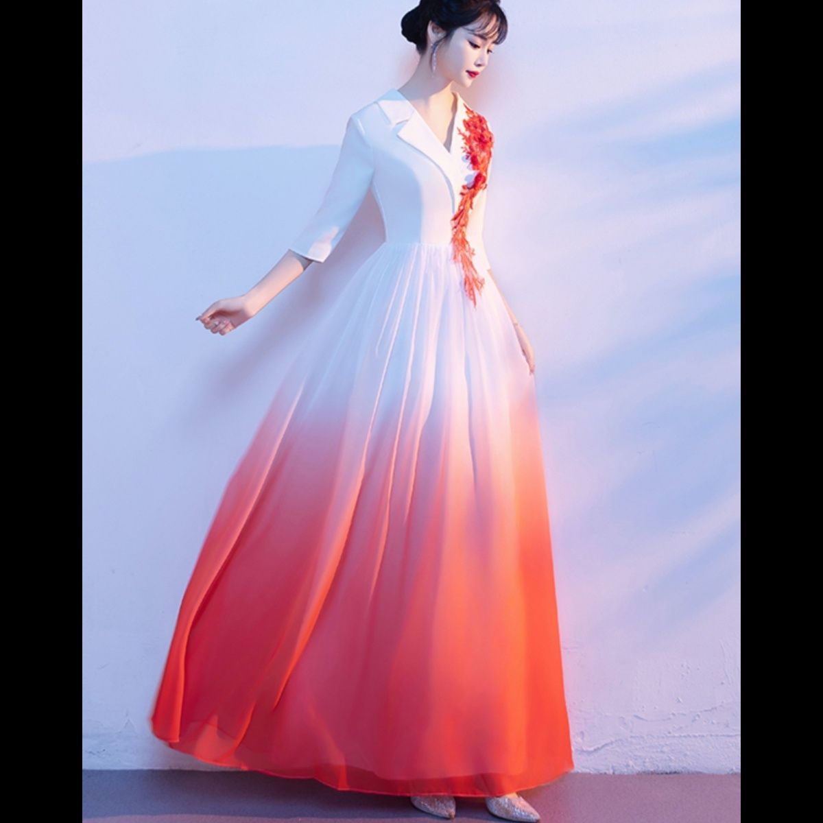 社交 ダンス ドレス 襟付き五分袖グラデーション刺繍装飾ロングドレス