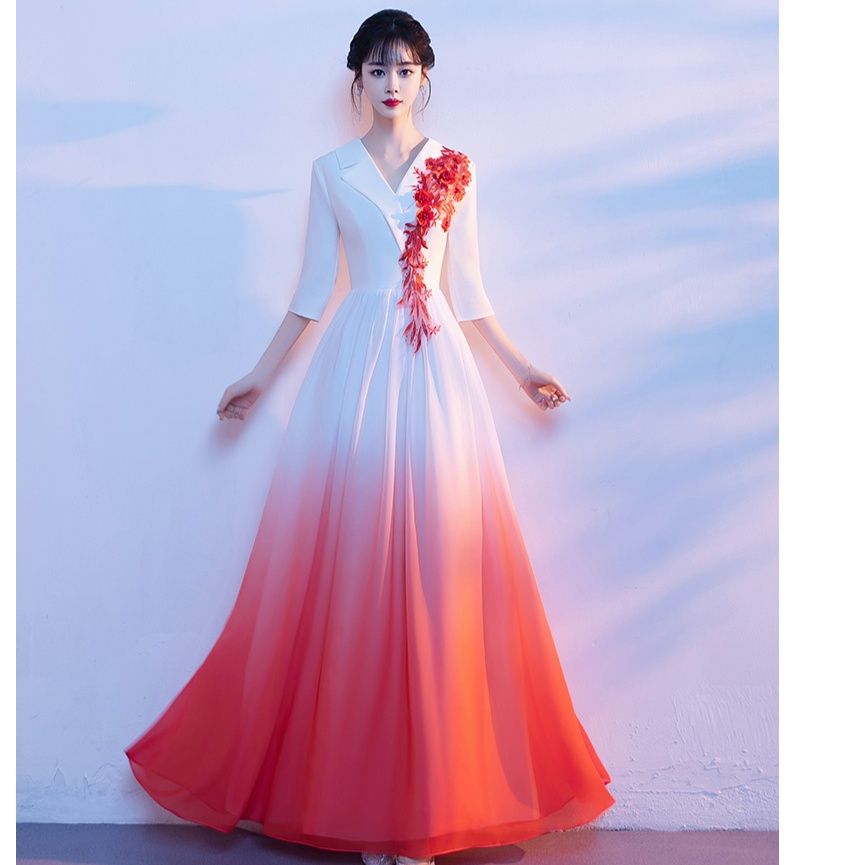 社交 ダンス ドレス 襟付き五分袖グラデーション刺繍装飾ロングドレス