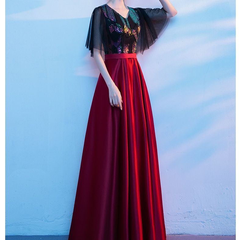 社交 ダンス ドレス 花柄スパンコール刺繍フレア袖ロングドレス