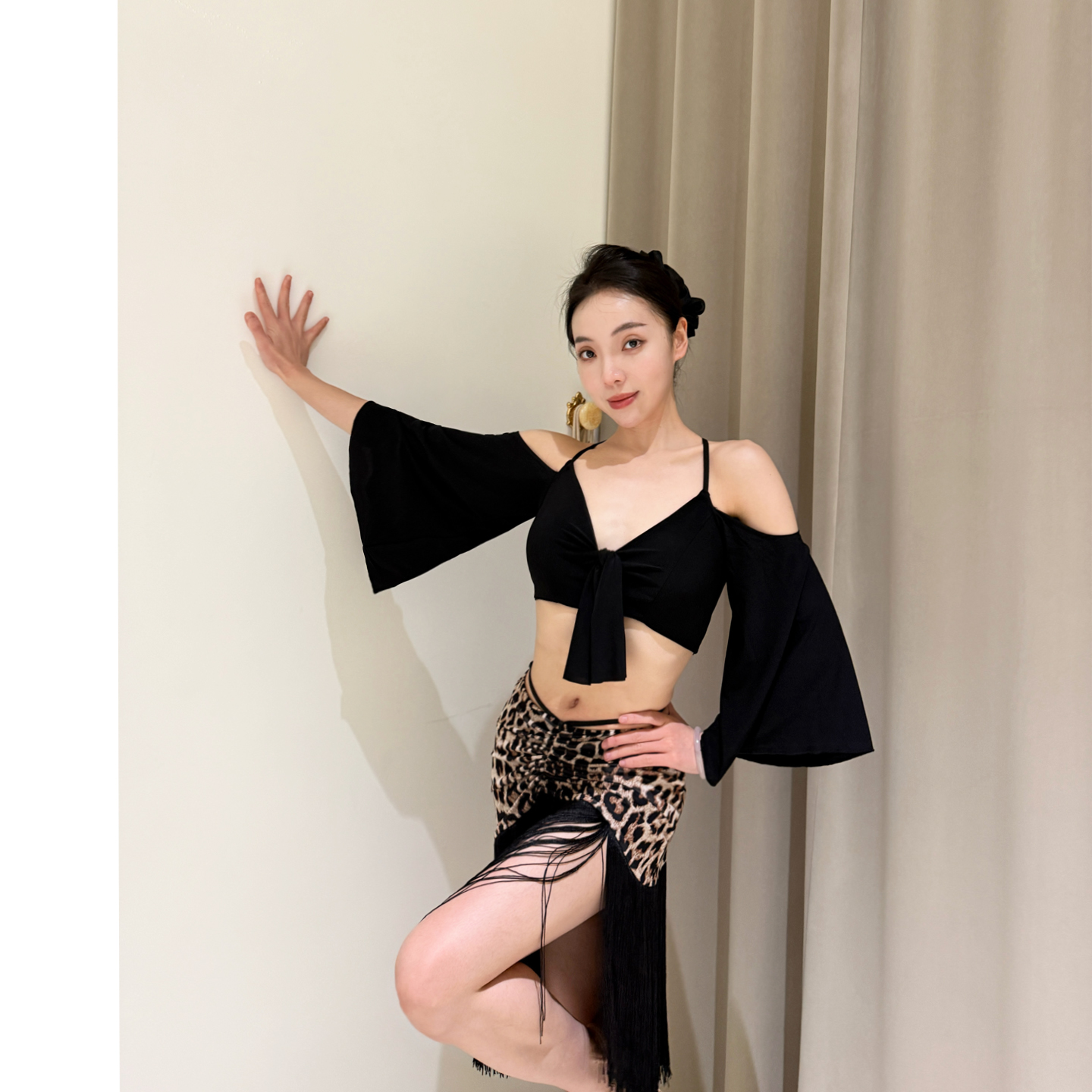 社交 ダンス ドレス 豹柄フリンジラテンスカート