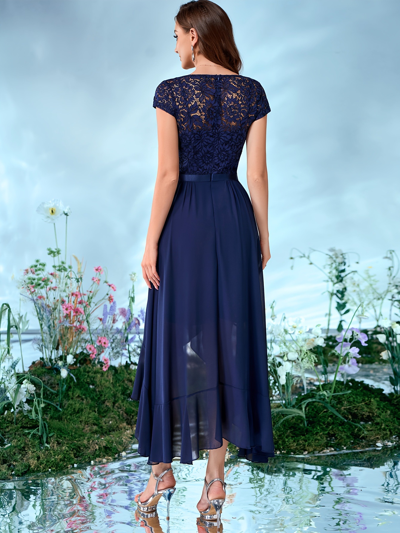 社交 ダンス ドレス 花柄総レース半袖アシンメトリー裾ドレス