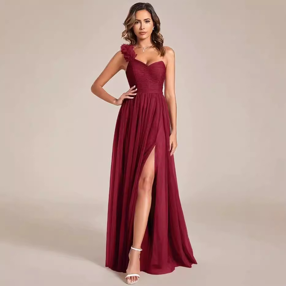  片肩花飾りロングスリット社交ダンスドレス