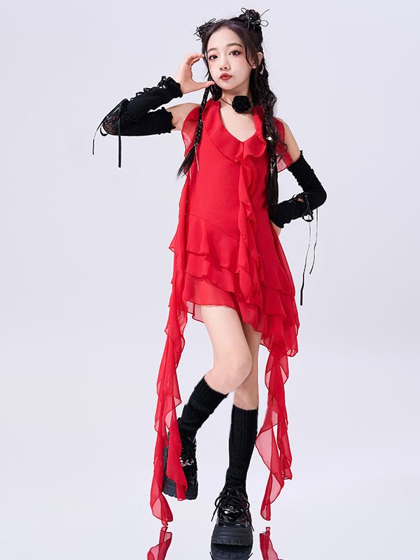社交 ダンス ドレス 流れるシフォン 非対称裾ドレス