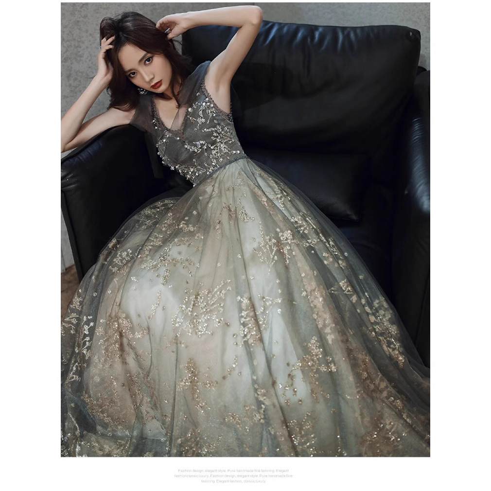 花散らし刺繍入り透け感チュール社交ダンスドレス