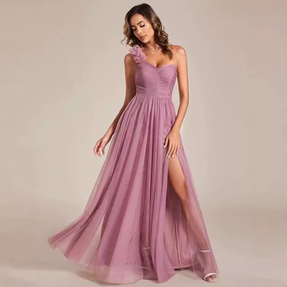  片肩花飾りロングスリット社交ダンスドレス