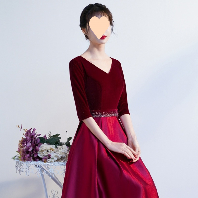社交 ダンス ドレス ベルベット切替ウエストビジュー付き七分袖ロングドレス