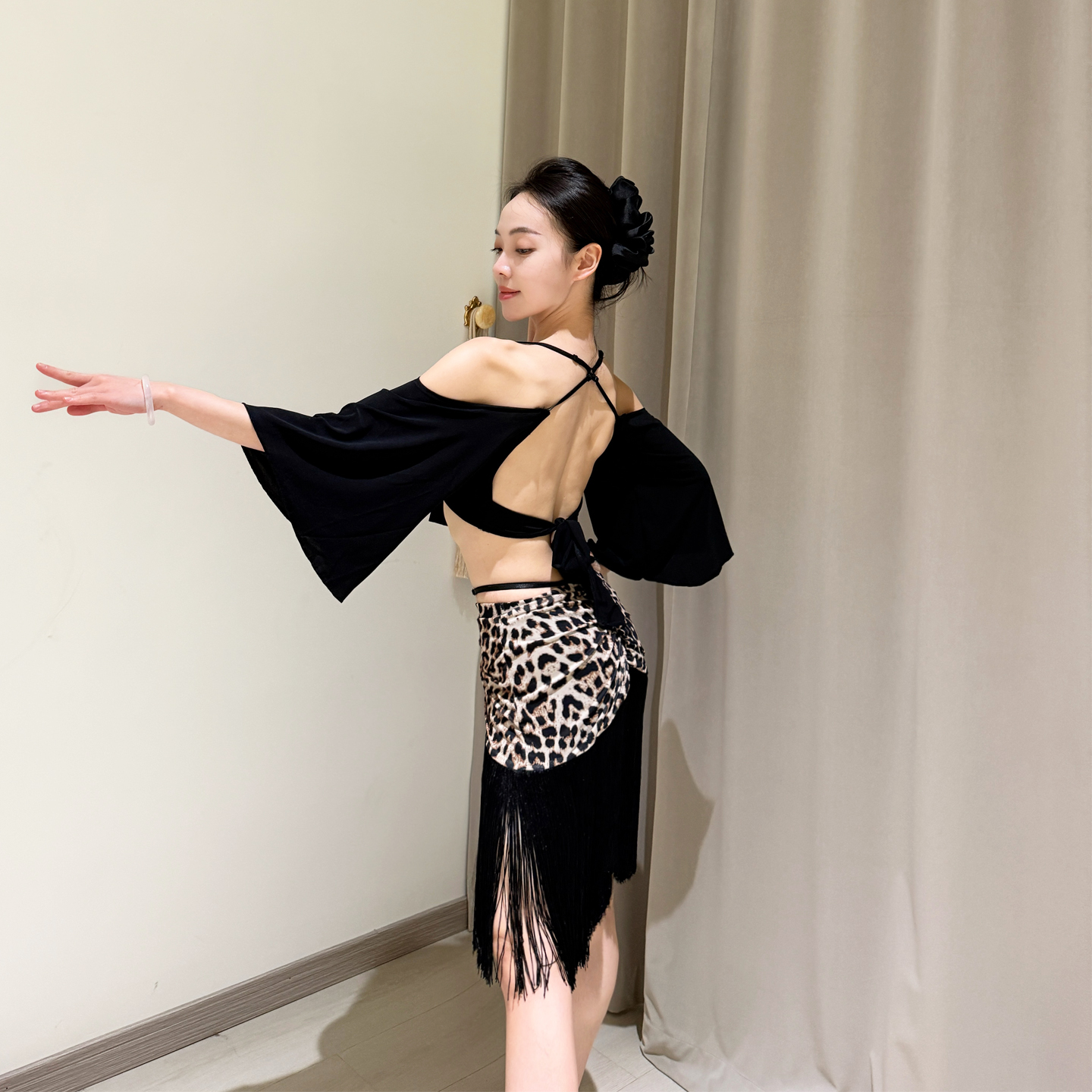 社交 ダンス ドレス 豹柄フリンジラテンスカート