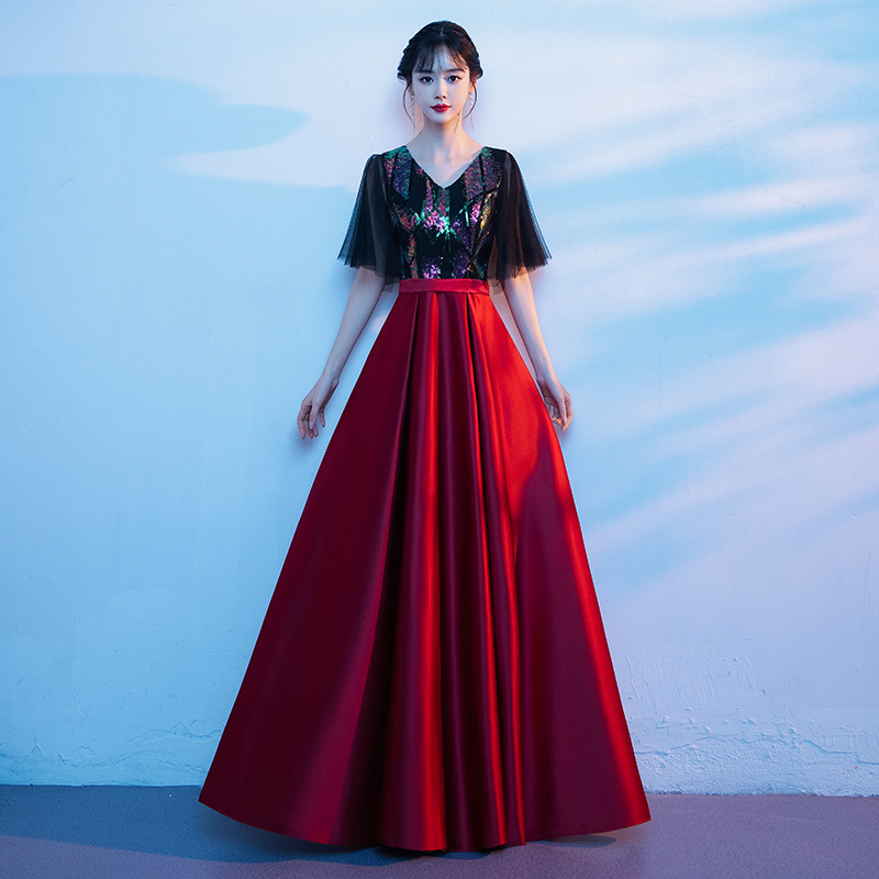 社交 ダンス ドレス 花柄スパンコール刺繍フレア袖ロングドレス