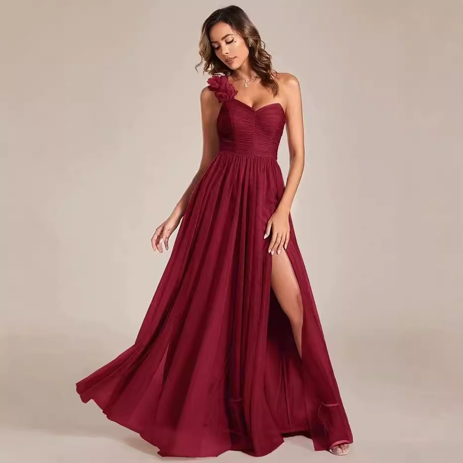  片肩花飾りロングスリット社交ダンスドレス