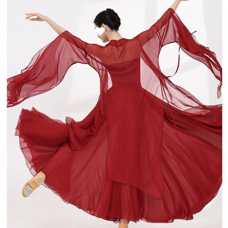 社交 ダンス  華麗刺繍入りシフォン長袖モダンドレス