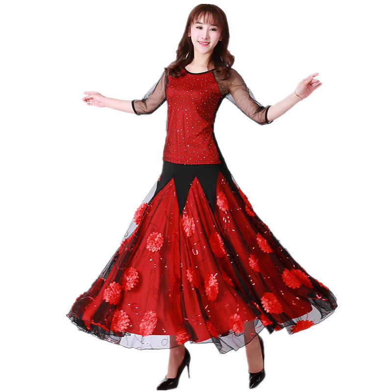 社交 ダンス ドレス 華やかな花柄刺繍シアースリーブ社交ダンスドレス