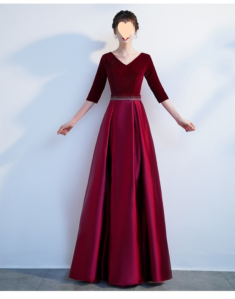 社交 ダンス ドレス ベルベット切替ウエストビジュー付き七分袖ロングドレス