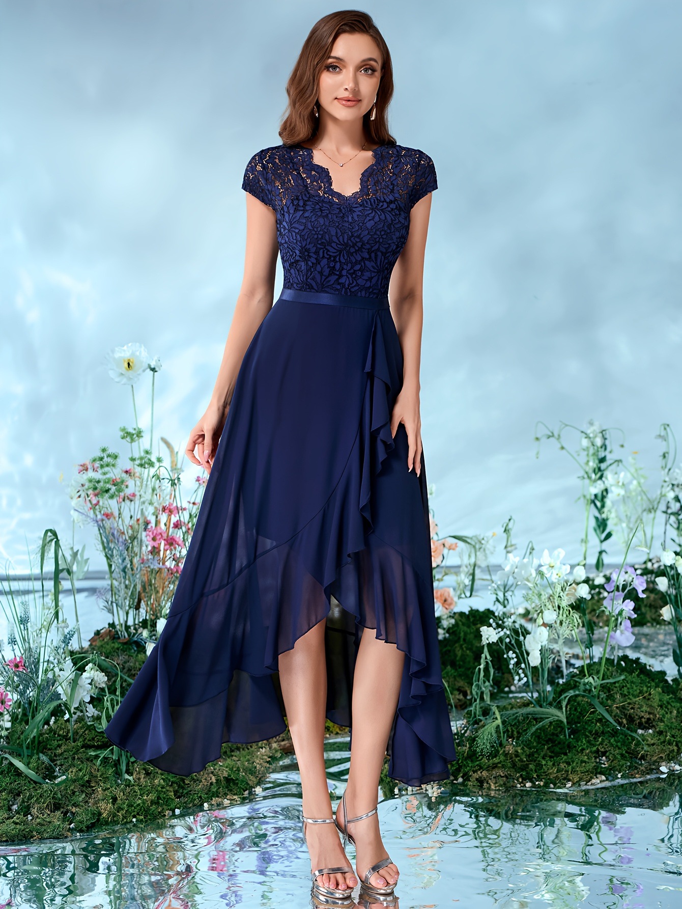 社交 ダンス ドレス 花柄総レース半袖アシンメトリー裾ドレス