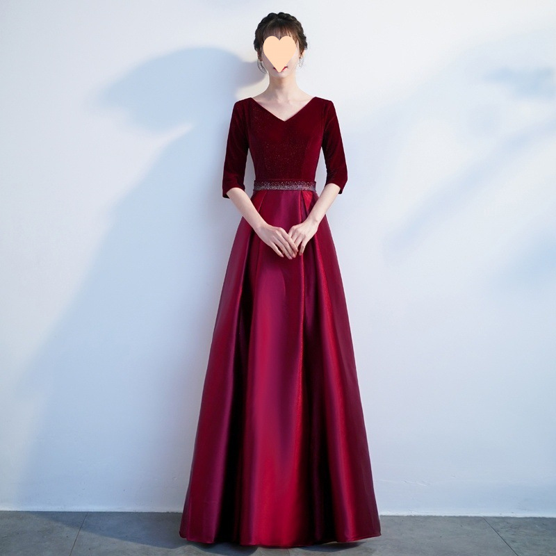 社交 ダンス ドレス ベルベット切替ウエストビジュー付き七分袖ロングドレス