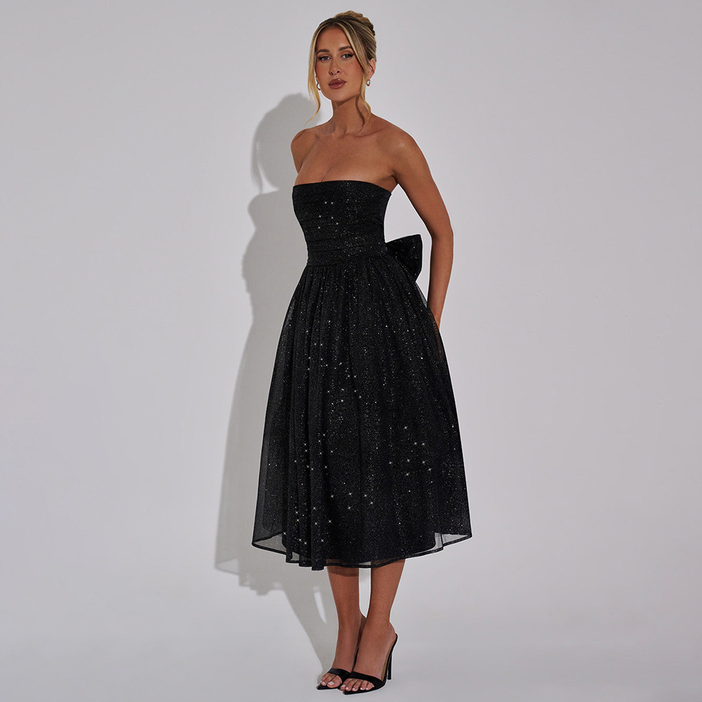  星空輝くベアトップ大人風ミディ丈社交ダンスドレス