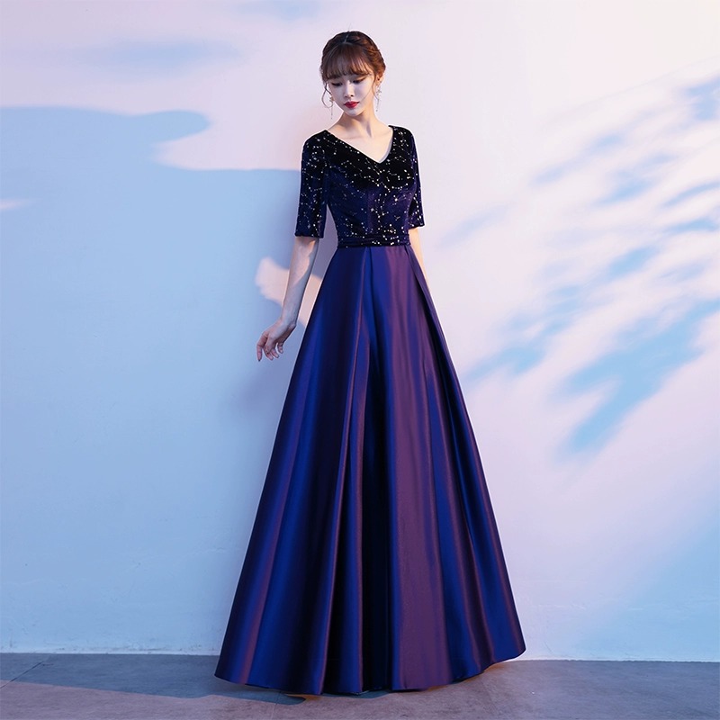 社交 ダンス ドレス 星空輝くブイネック五分袖ロングドレス