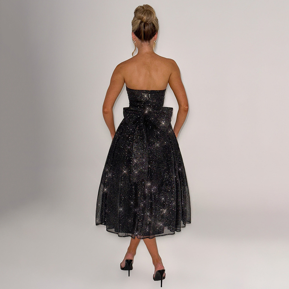  星空輝くベアトップ大人風ミディ丈社交ダンスドレス