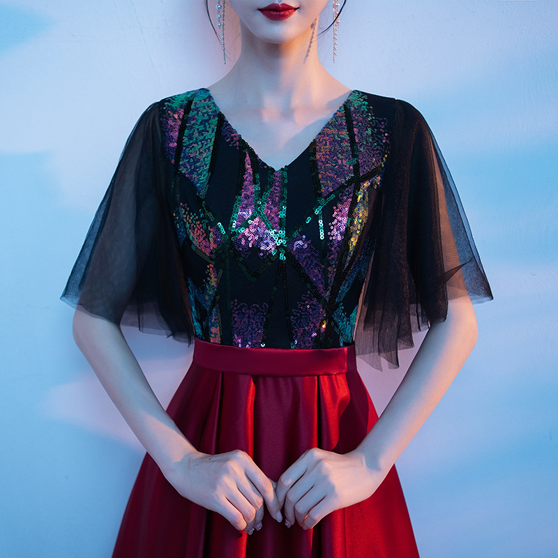 社交 ダンス ドレス 花柄スパンコール刺繍フレア袖ロングドレス