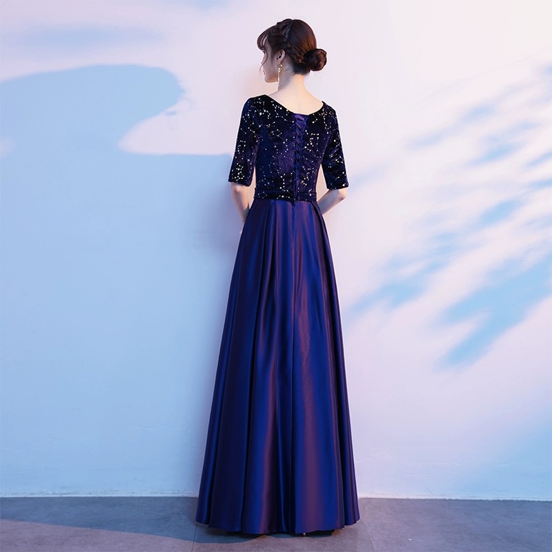 社交 ダンス ドレス 星空輝くブイネック五分袖ロングドレス