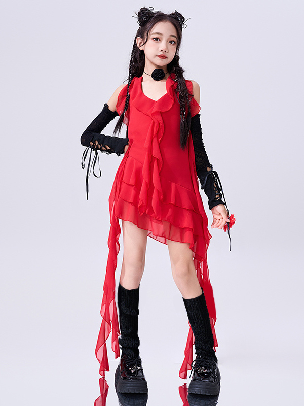 社交 ダンス ドレス 流れるシフォン 非対称裾ドレス