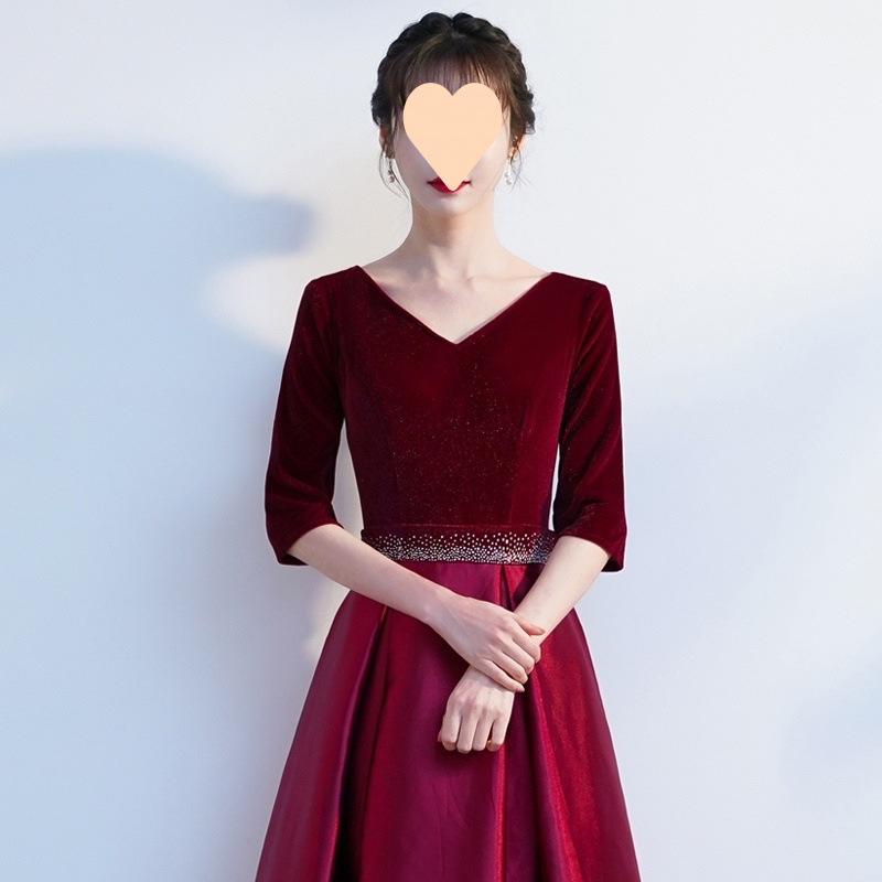 社交 ダンス ドレス ベルベット切替ウエストビジュー付き七分袖ロングドレス