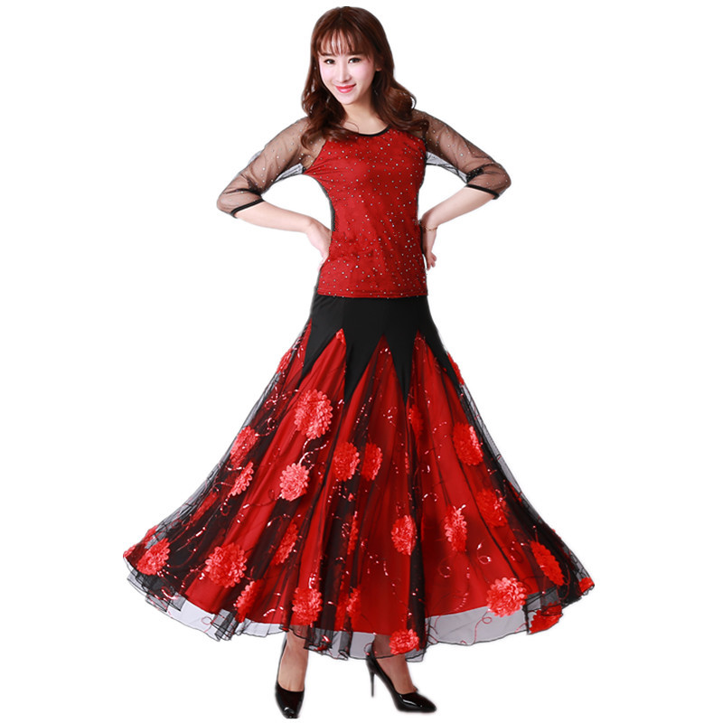 社交 ダンス ドレス 華やかな花柄刺繍シアースリーブ社交ダンスドレス