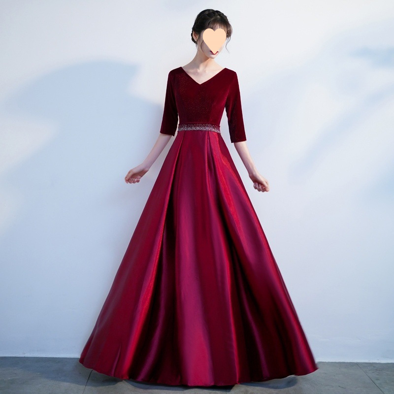 社交 ダンス ドレス ベルベット切替ウエストビジュー付き七分袖ロングドレス
