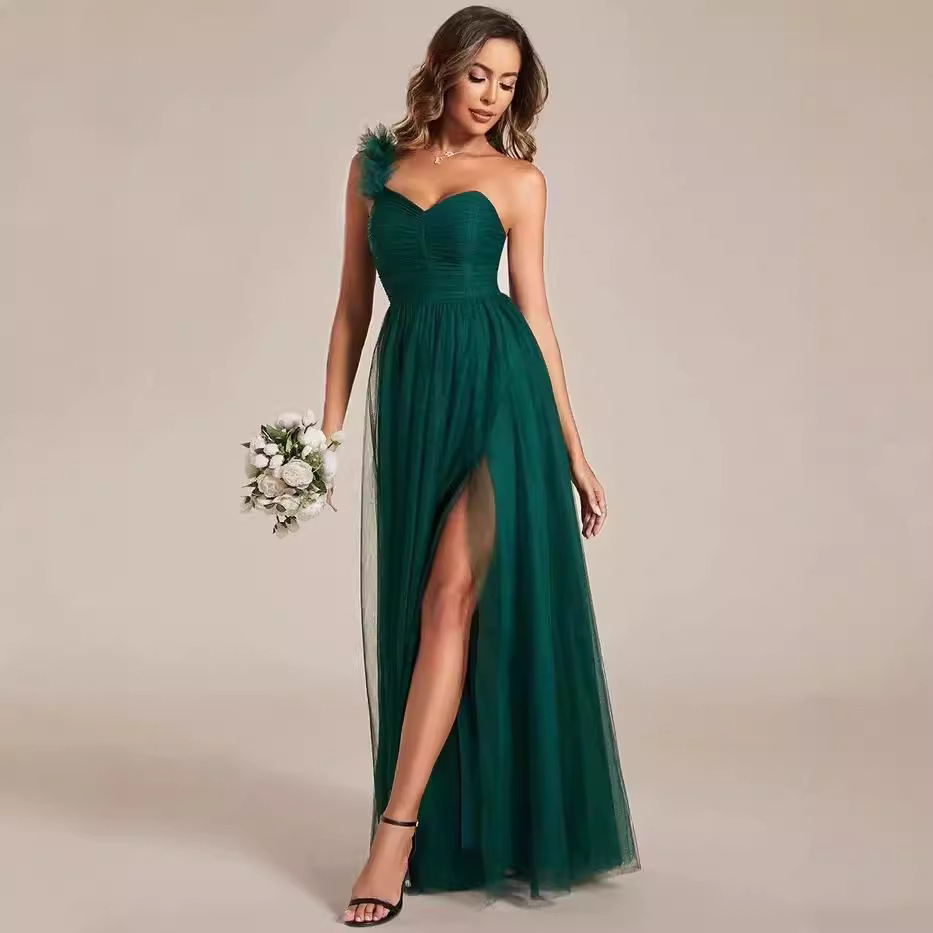  片肩花飾りロングスリット社交ダンスドレス