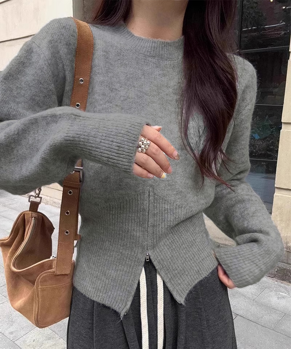 裾ジップニットセーター 長袖 秋冬 デート服