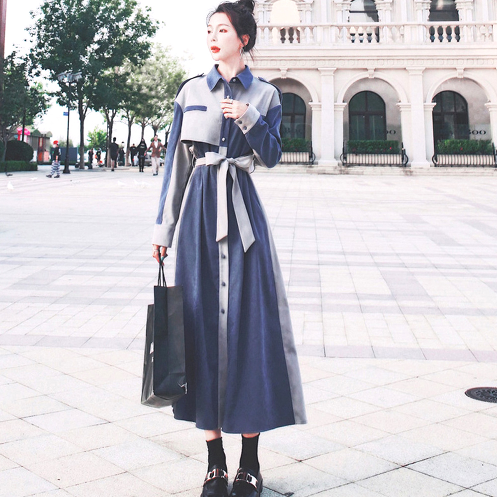 デート服 バイカラー ウエストリボン ロングシャツワンピース