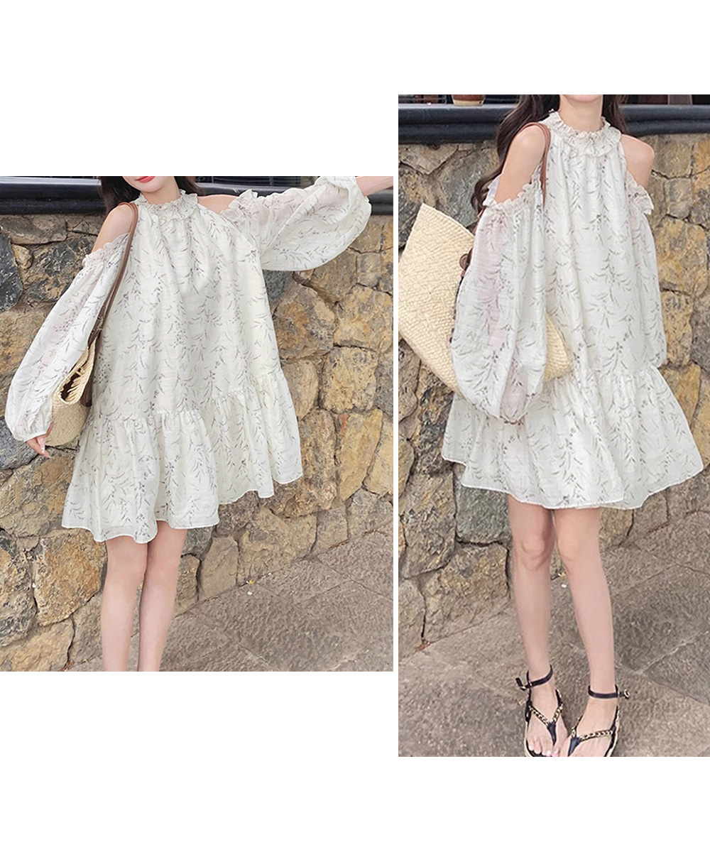 デート服 肩見せ 花柄フリルティアードワンピース