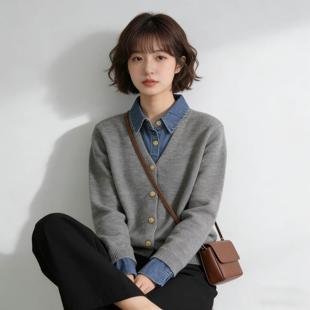 デート服 今季注目の重ね着風ニットカーディガン