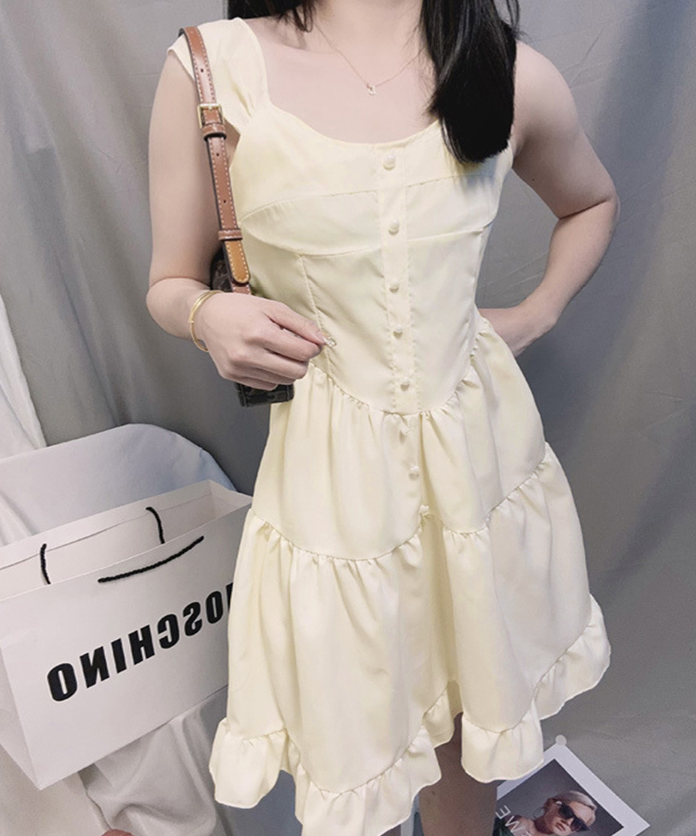 デート服 フロントボタン ティアード ミニワンピース