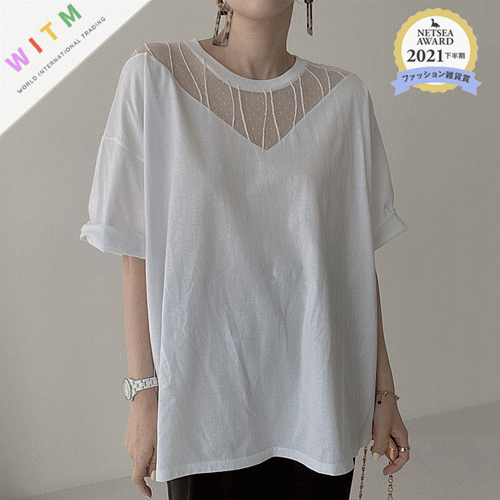 デート服 レース切替スリット半袖カットソー 大人可愛い